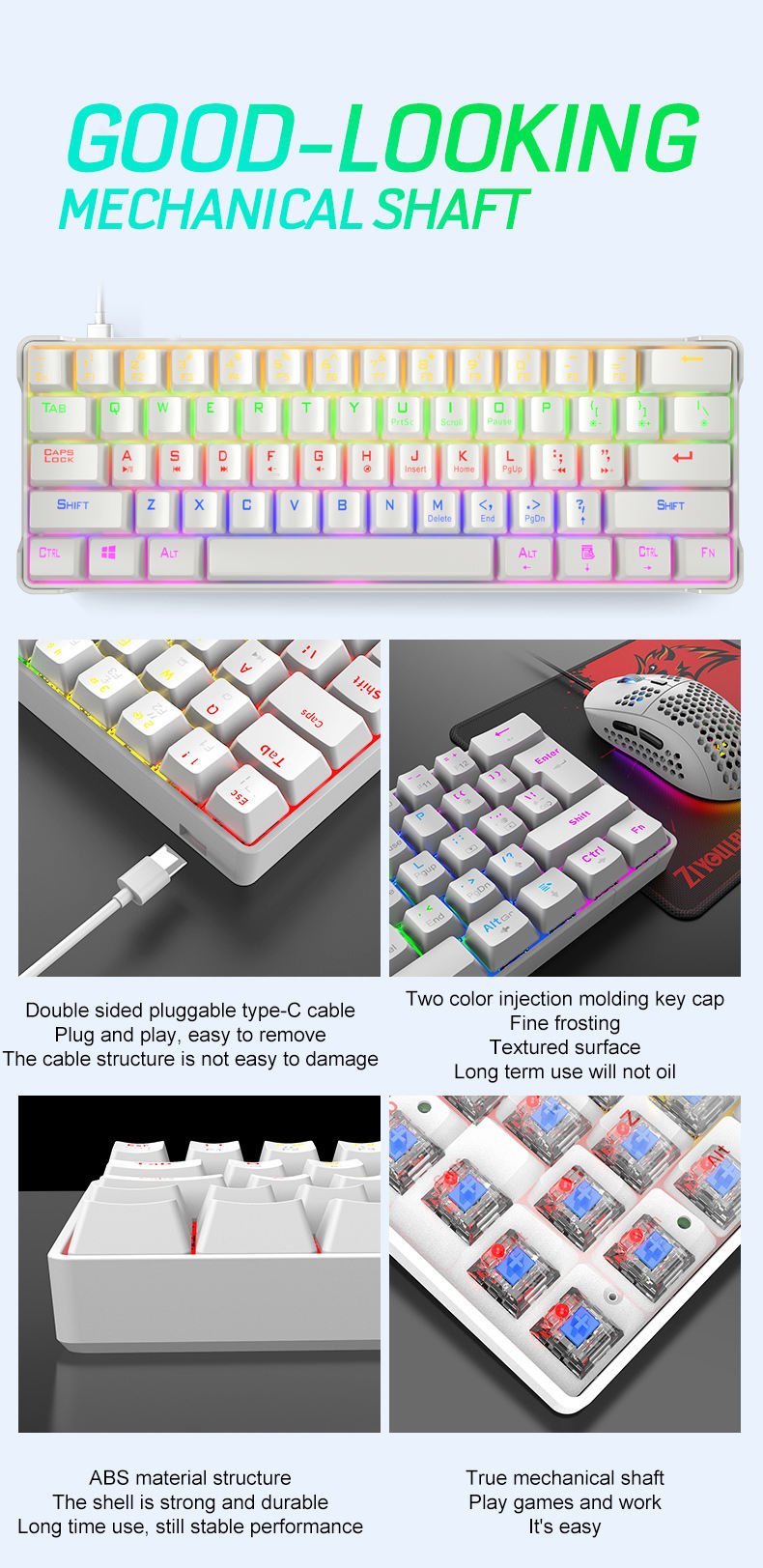 USB Type-c Interface 60% White Black Keyboard RGB 61 Keys Gaming Usb Wired Light Led Gamer Hot Swap Mechanical Keyboard - Image 5
